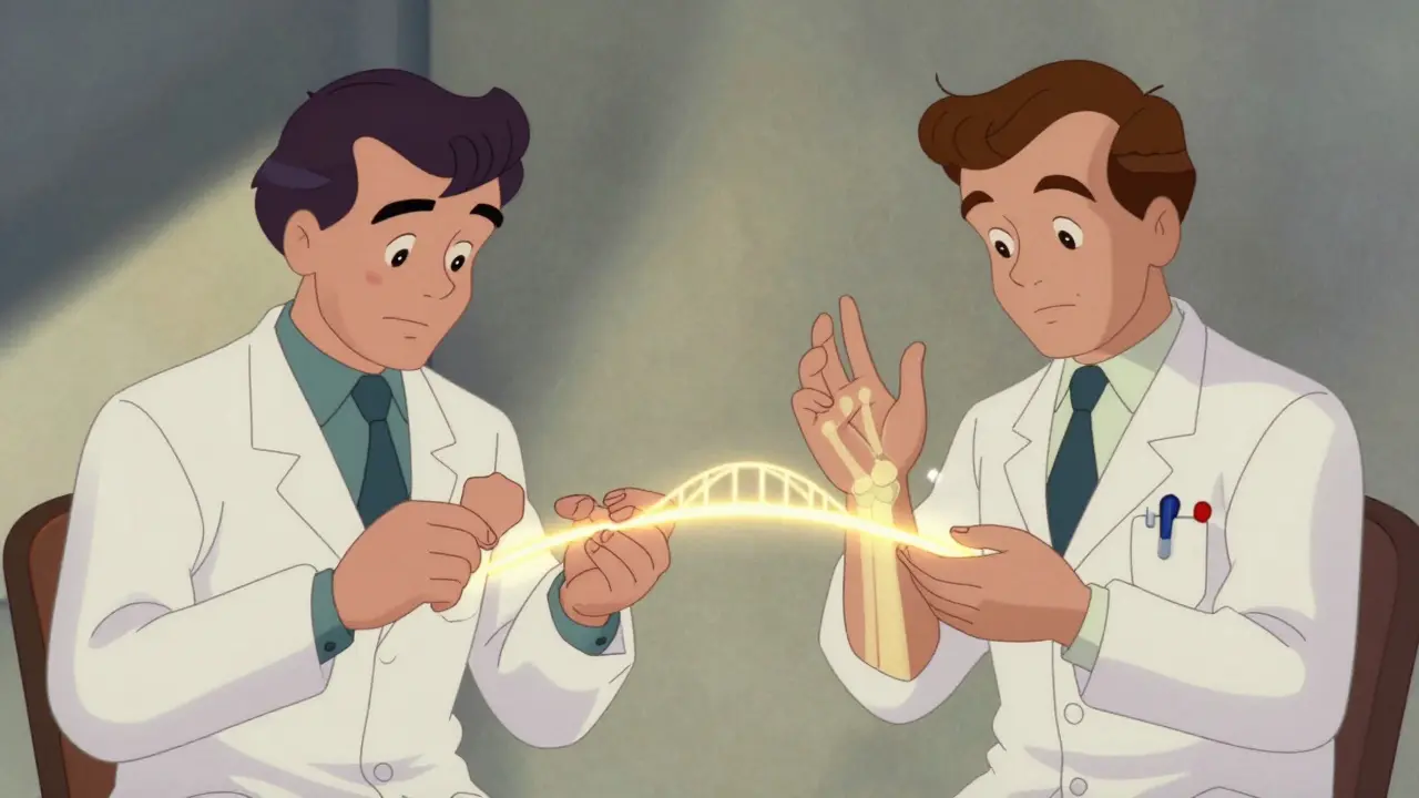 Dermatologist and rheumatologist connected by light, symbolizing coordinated care for psoriatic arthritis.