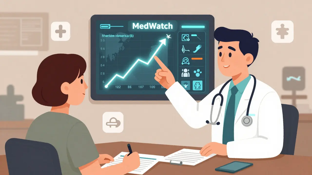 Doctor shows patient dashboard with real-time safety reports from across the country.