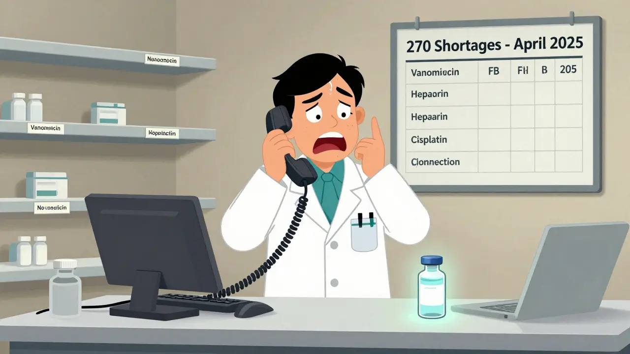 Exhausted pharmacist surrounded by empty drug shelves, holding a phone with no connection, one last IV vial on the counter.