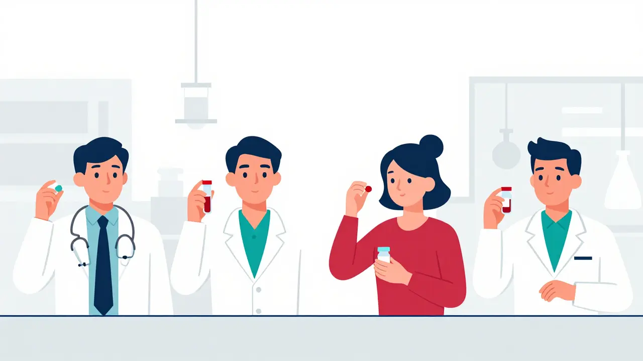 Four participants in clinical trial with pills and blood vials