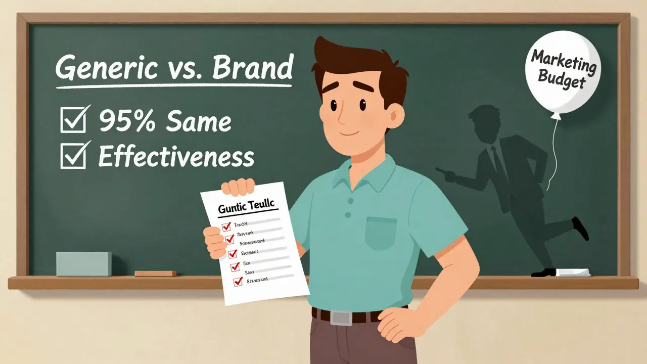 Patient and doctor review a chart showing generics are just as effective, while a marketing exec fades away.