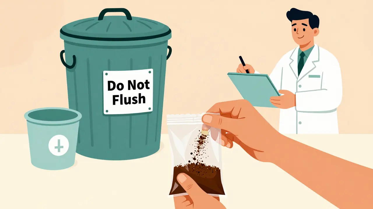 Person safely disposing of pills mixed with coffee grounds in sealed bag.