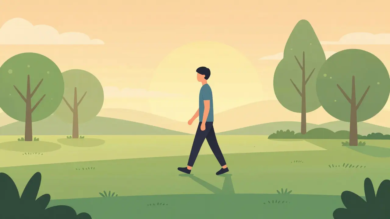 Person walking in park at sunrise, symbolizing fatigue management through exercise.