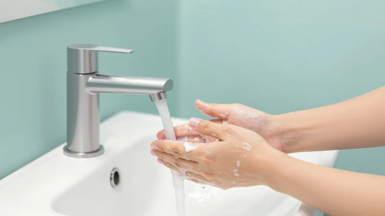 Person washing hands and applying moisturizer in bathroom with simple fixtures.