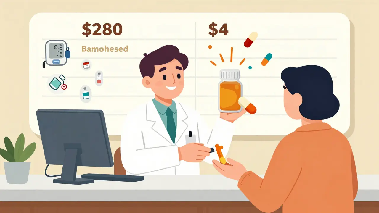 Pharmacist giving a generic pill bottle while a price chart shows dramatic cost savings in UPA cartoon style.
