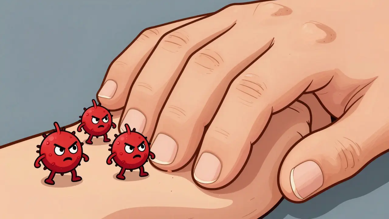 Swollen fingers and pitted nails with immune cells attacking joints, representing psoriatic arthritis symptoms.