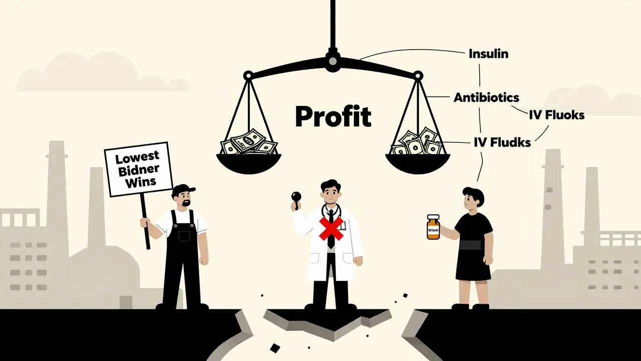 Three figures on opposite sides of a broken bridge: factory worker, doctor, and patient, with a scale tipping toward profit over lifesaving drugs.