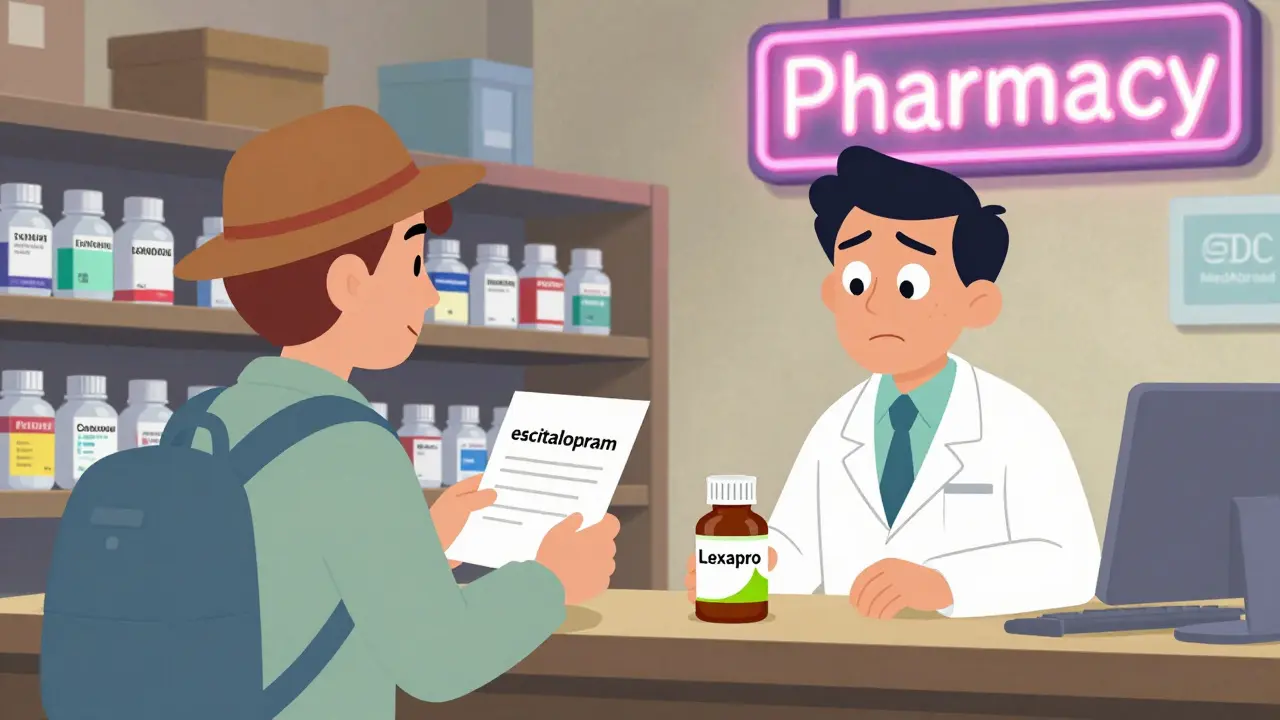 Traveler and pharmacist confused over brand vs. generic medication name in foreign pharmacy