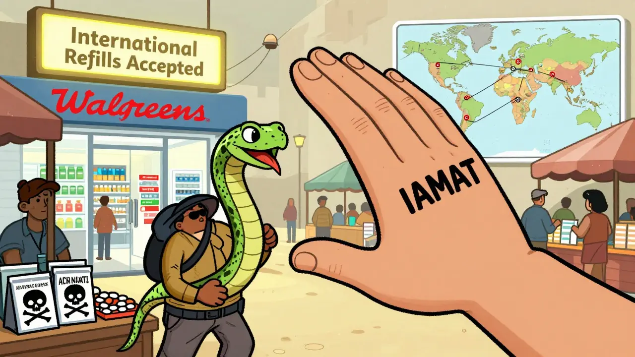 Traveler protected from fake medicine vendor by IAMAT hand, with legitimate pharmacy in background