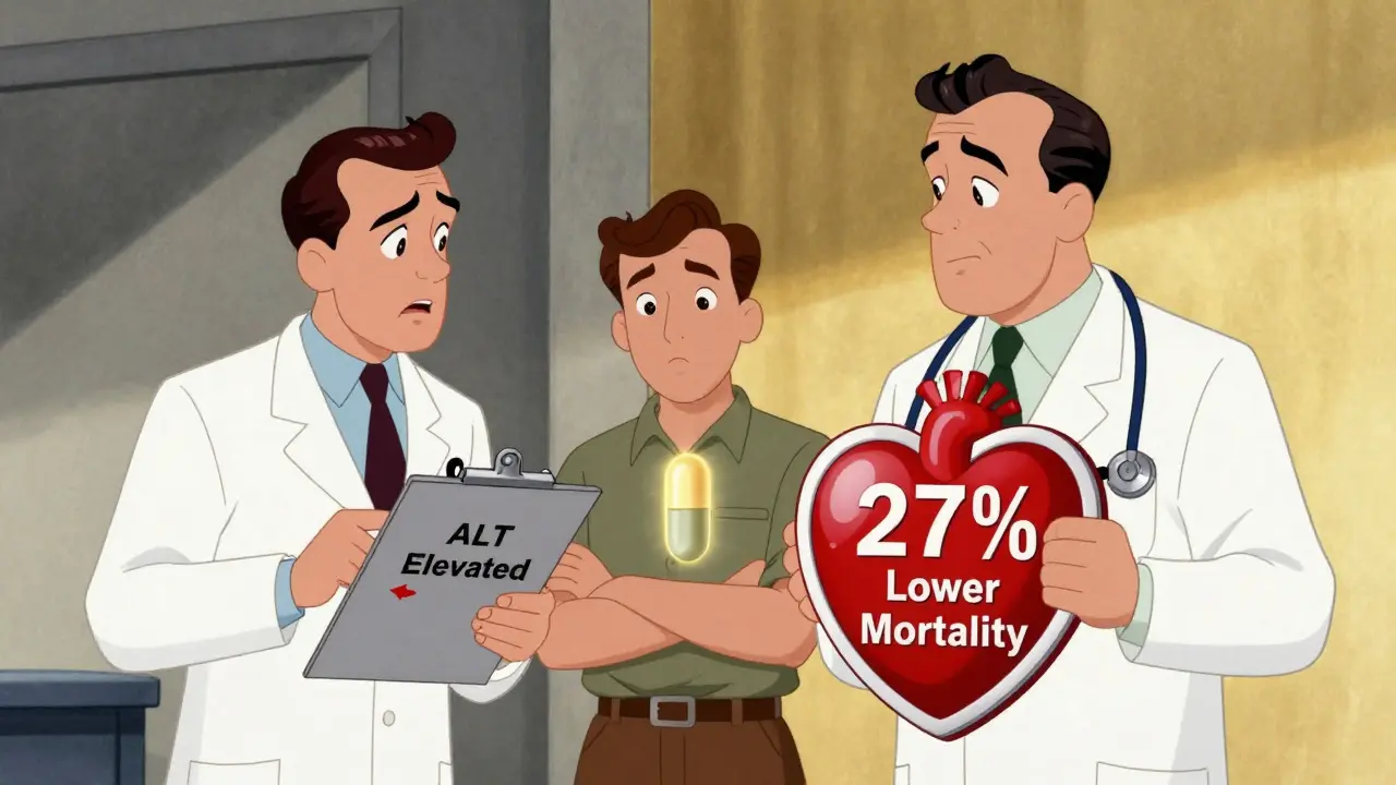 Two doctors argue over statin use for NAFLD—one fearful, one confident—while a patient stands calmly with a glowing pill above their chest.