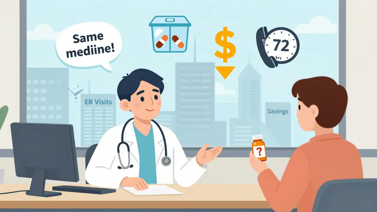 A doctor and pharmacist guide a patient through key steps for successful generic medication transitions, with visual icons representing communication and adherence.