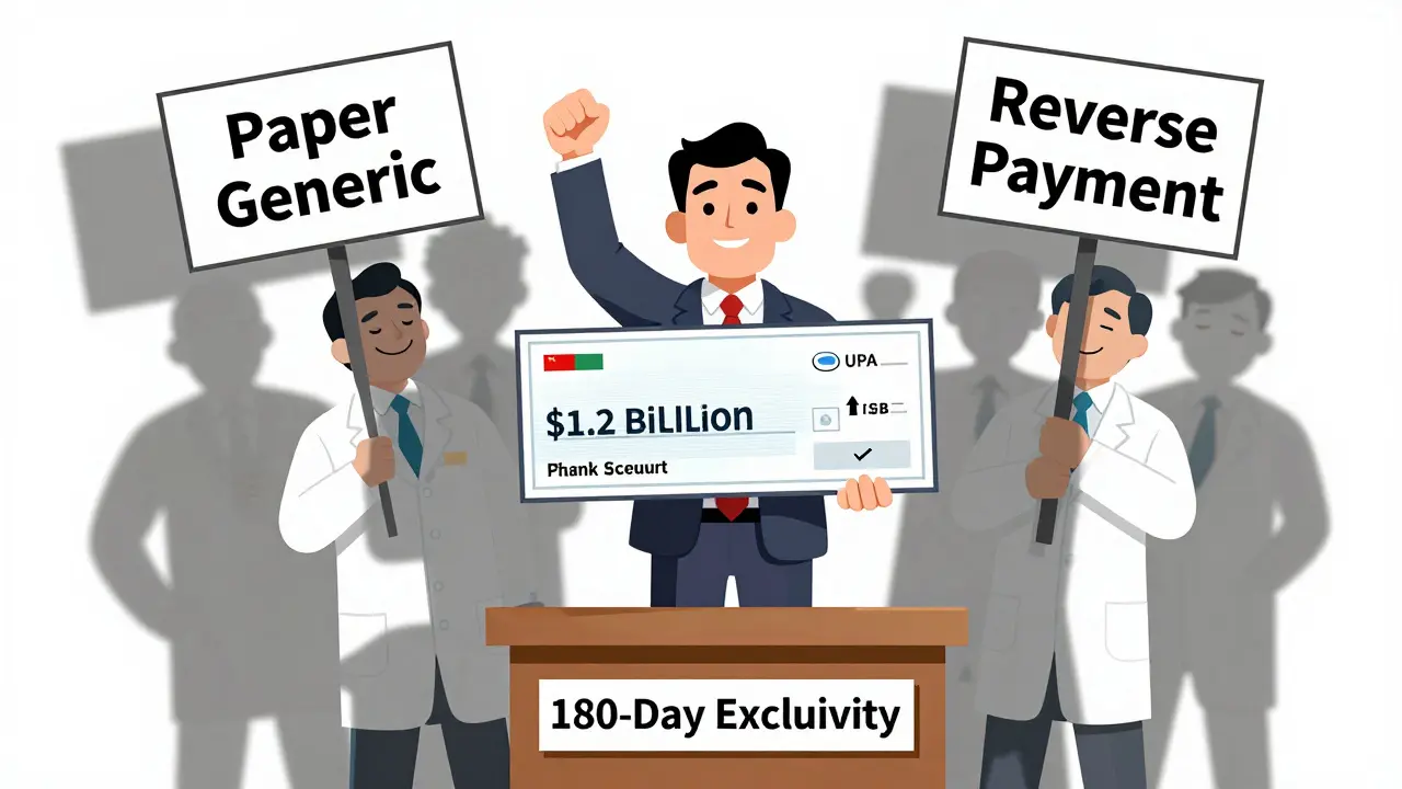 A generic drug executive celebrates 180-day exclusivity with a giant check while shadowy figures plot behind.