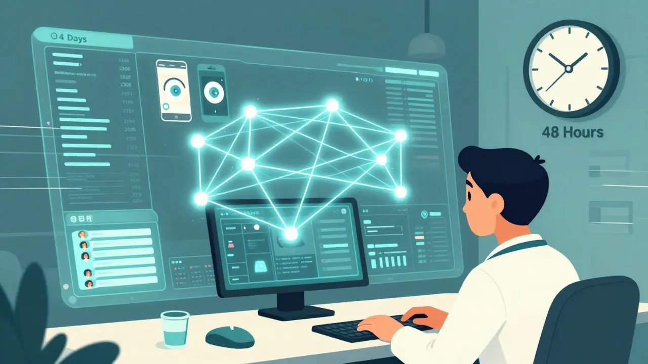 A glowing data dashboard above a doctor and patient, with AI eyes and motion lines, in cartoon style.