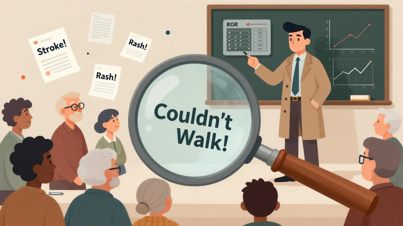 A magnifying glass over diverse patients with floating side effect reports, in cartoon style.