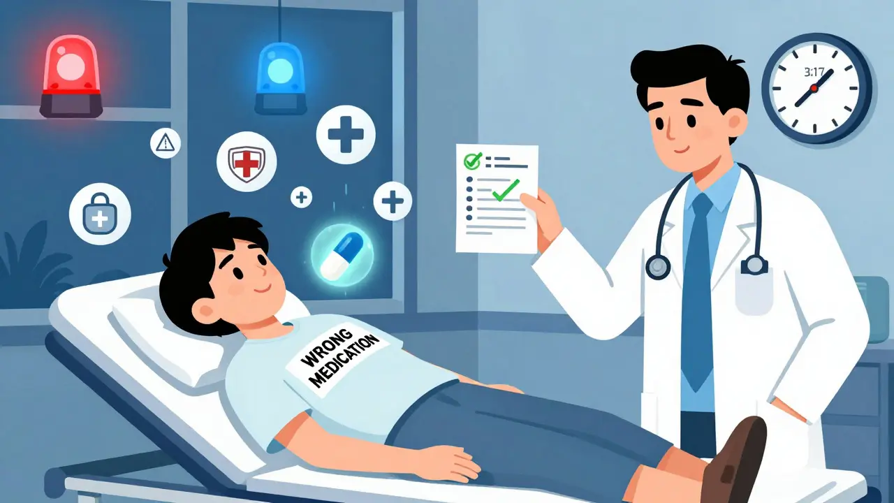 A patient on a hospital gurney with a floating wrong medication pill above them, while a doctor holds the correct prescription under flashing emergency lights.