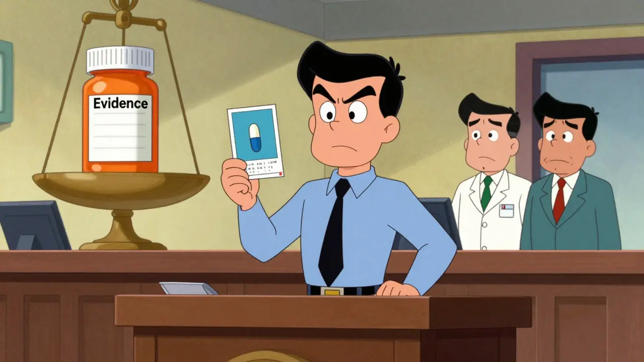A person presenting evidence of a pharmacy error in court, with a pharmacist and manager looking away nervously as documents and a pill bottle balance on a scale.