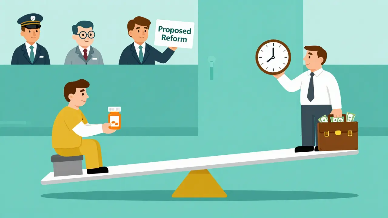 A seesaw balances patient access to affordable medicine against corporate delays, with FDA inspectors watching.