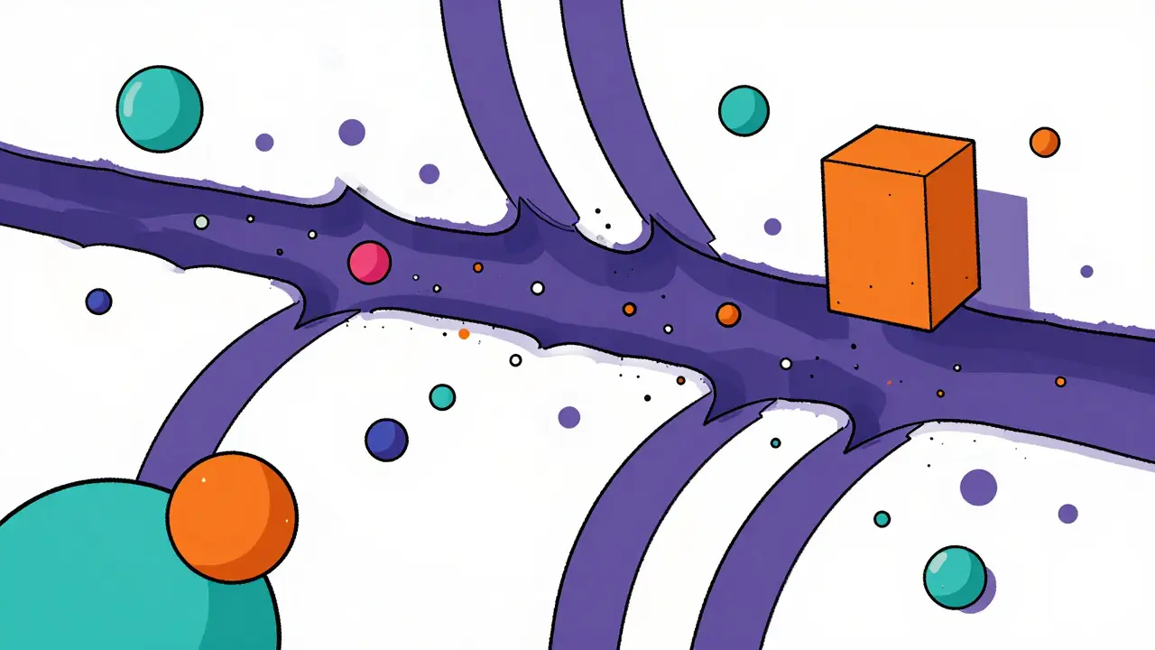 Abstract art showing small particles crossing a barrier.