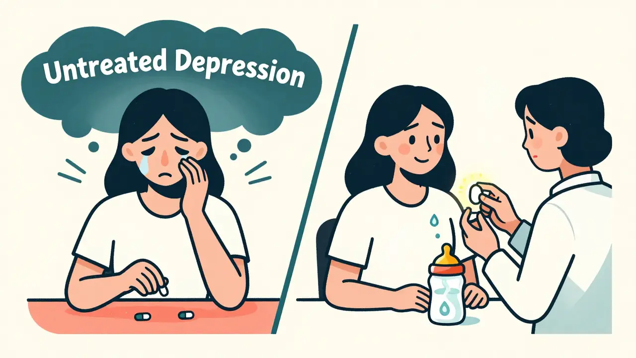 Contrasting scenes of a woman stopping antidepressants versus consulting a pharmacist with LactMed information.