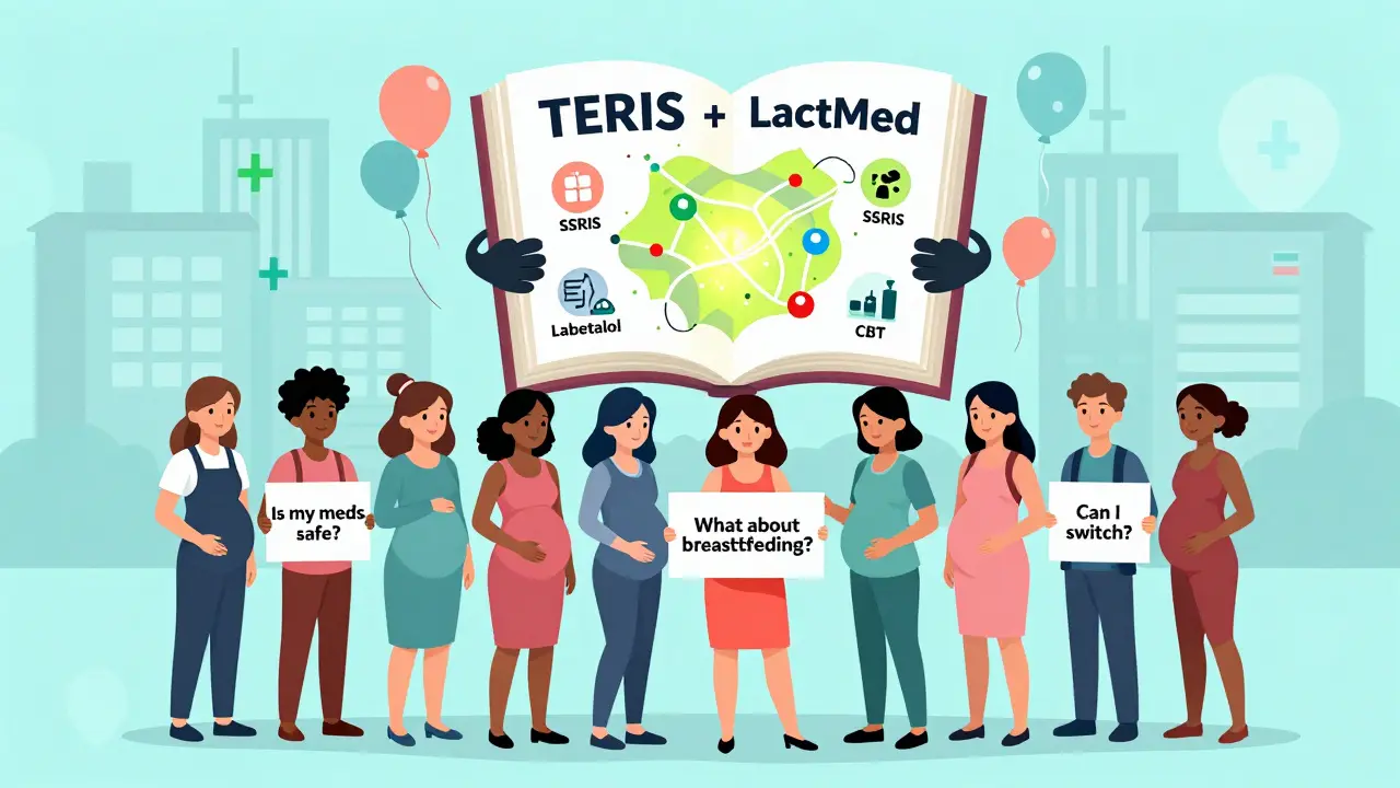 Diverse pregnant people asking questions as a guidebook reveals safe medication alternatives.