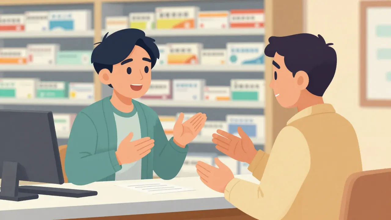 Healthcare professional counseling a patient with paperwork and medicine bottles nearby.