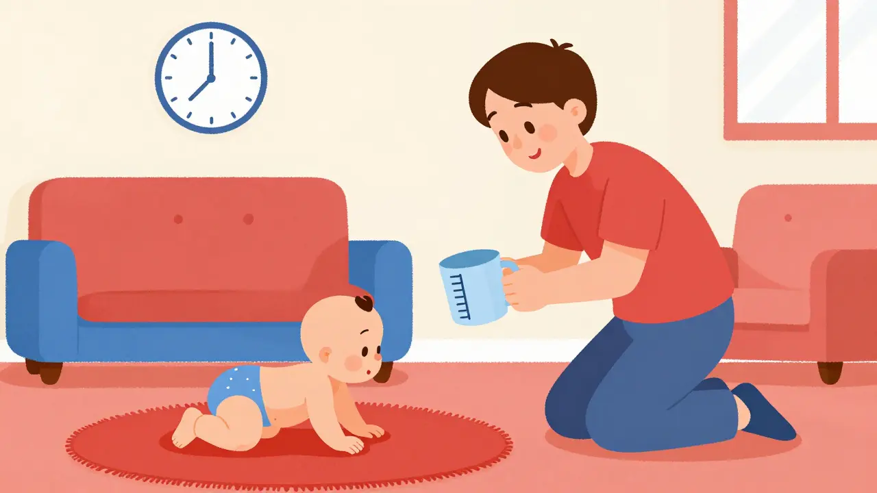 Parent watching a playing child near a clock outline.