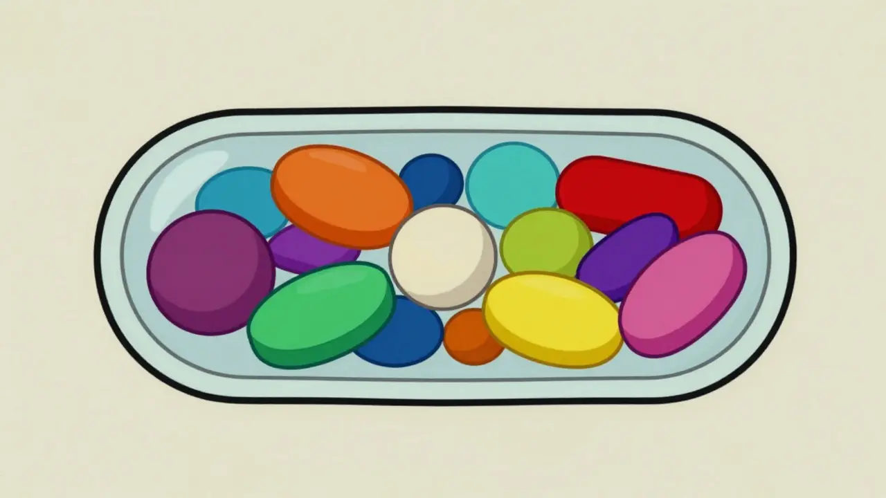 Stylized cross section of a pill showing colorful layers representing inactive ingredients.