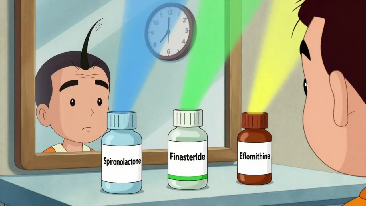 Three medications on a counter suppressing hair growth with colored beams, clock showing time passage.