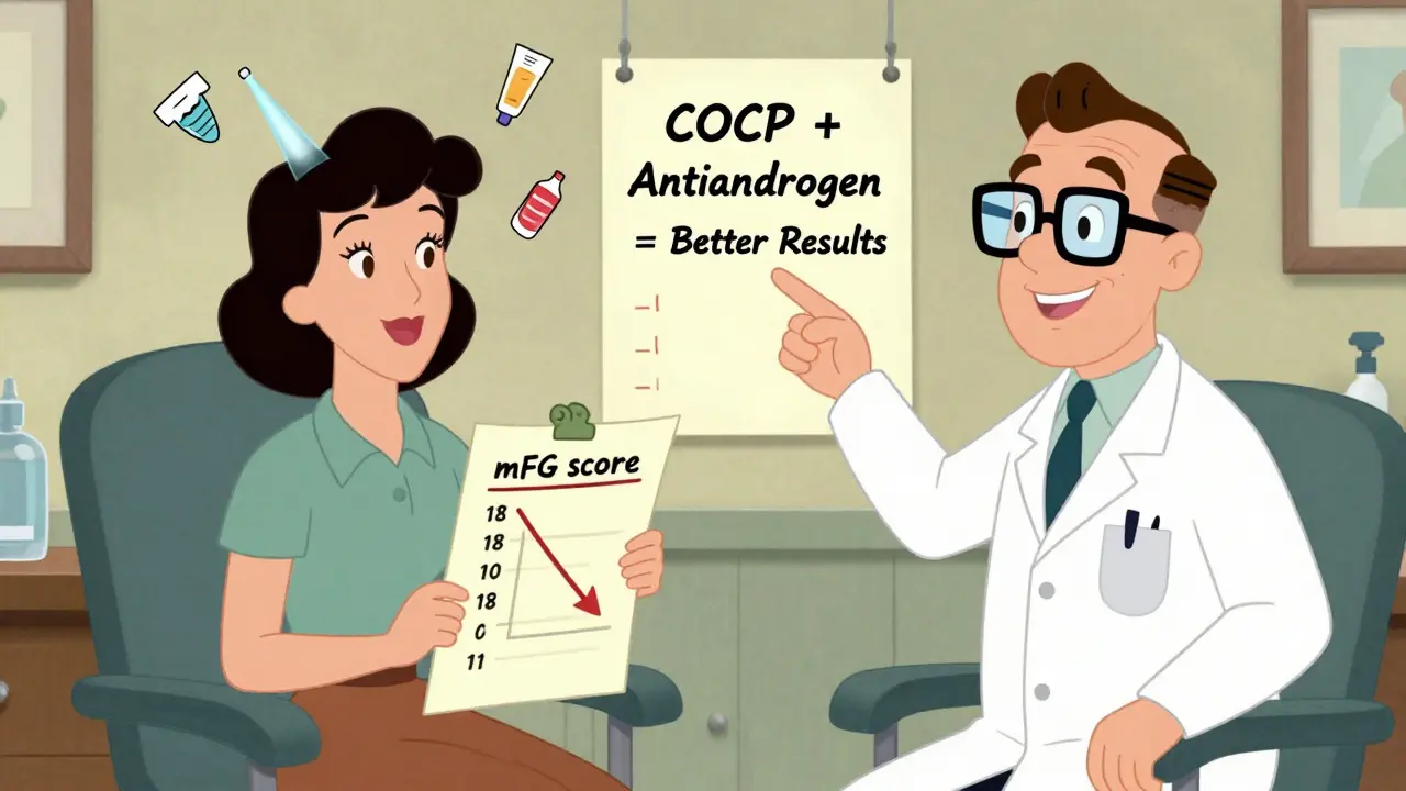 Woman in doctor's office holding chart showing reduced hirsutism score with before-and-after visuals.