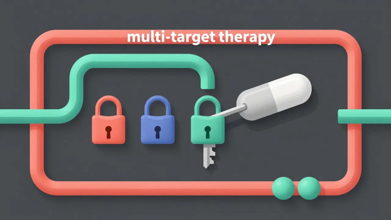 A single pill unlocking multiple biological targets in a colorful abstract network.