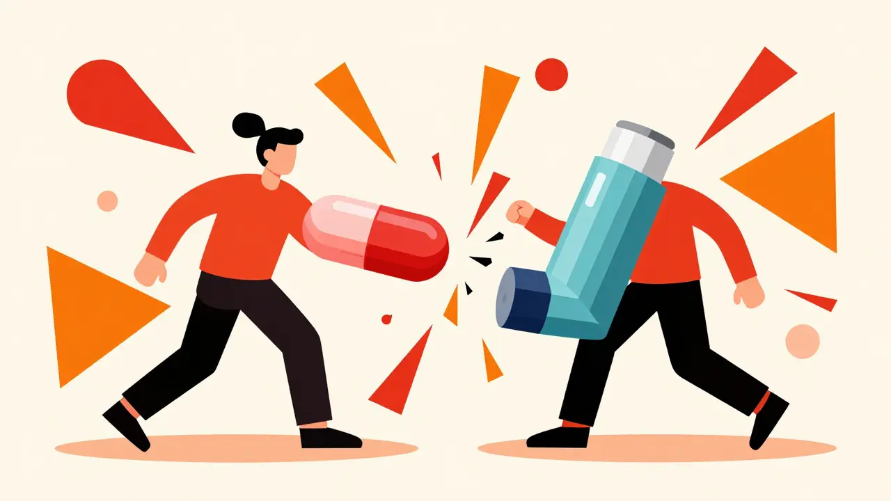 Abstract UPA style graphic showing two medications colliding with red warning shapes.