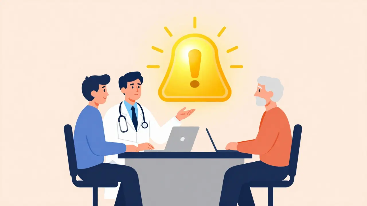 Doctor and patient discussing medication with a symbolic warning light above them