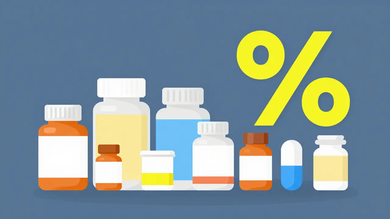 Geometric illustration of various medication capsules and a percentage sign