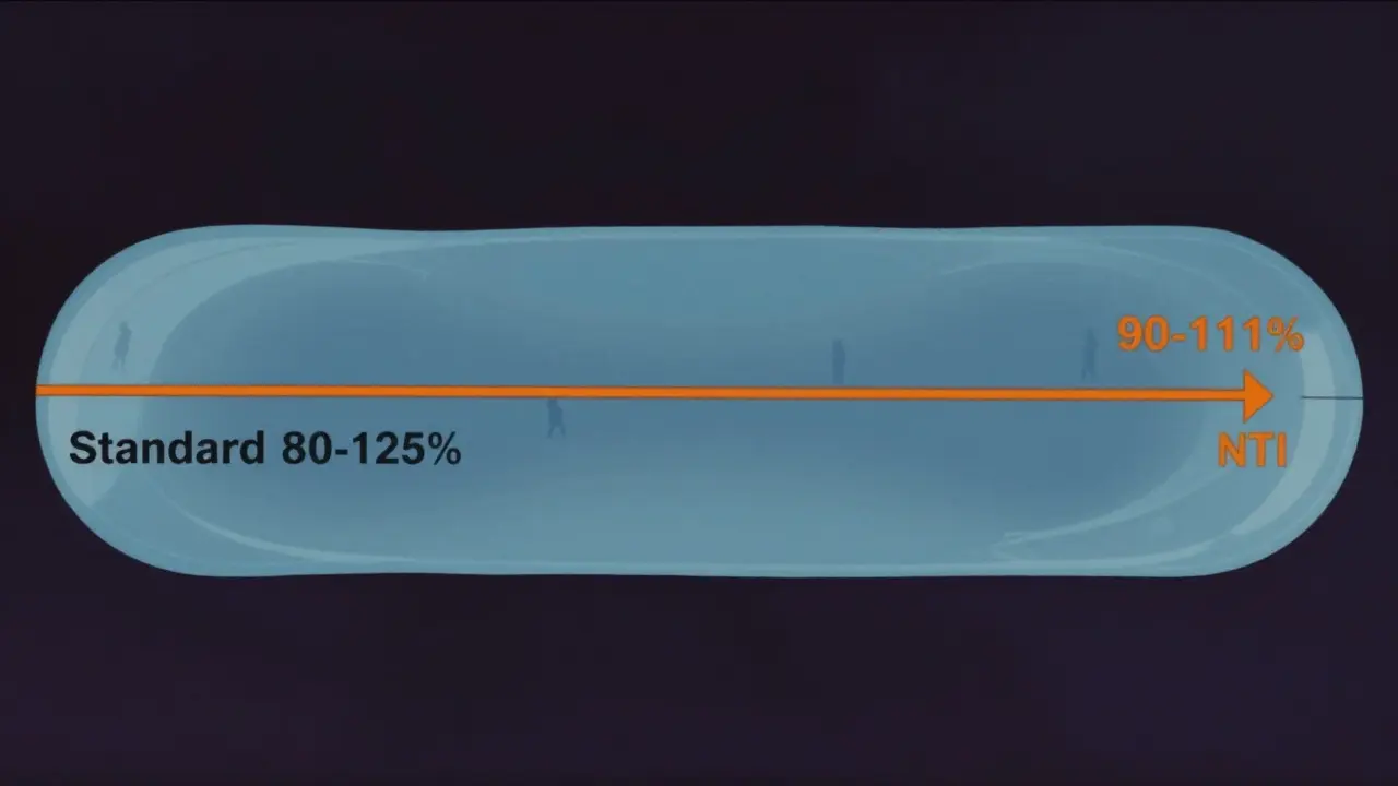 Graphic illustration comparing a wide standard drug range with a narrow NTI range.