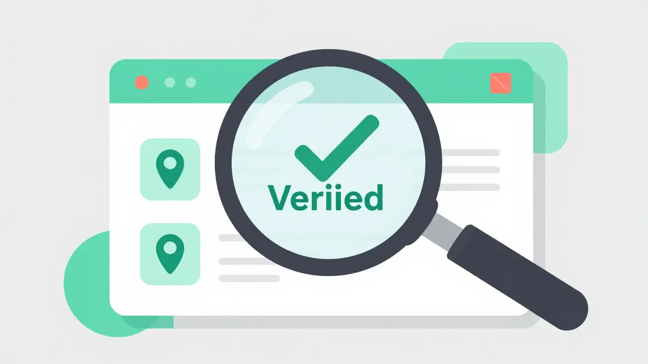Magnifying glass highlighting a verification checkmark on a website.