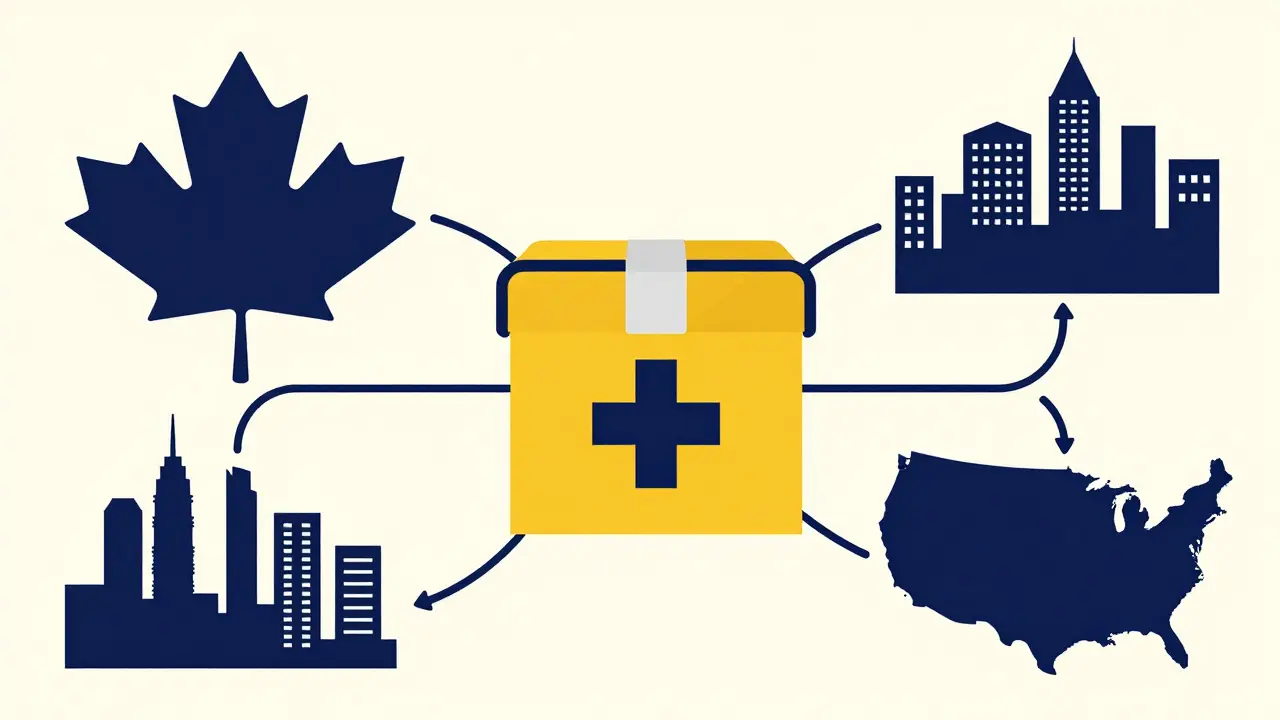 Stylized map showing medication delivery between Canada and the US.