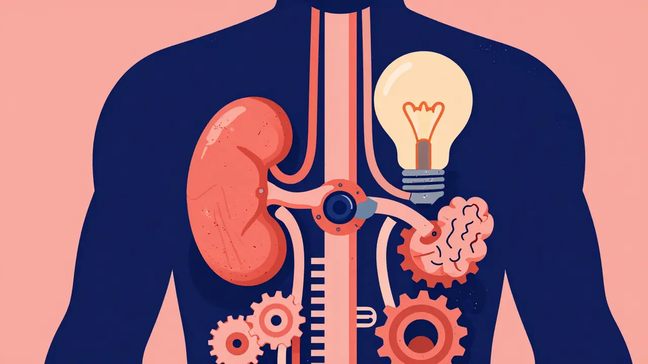 Stylized mid-century modern internal organs representing aging body functions