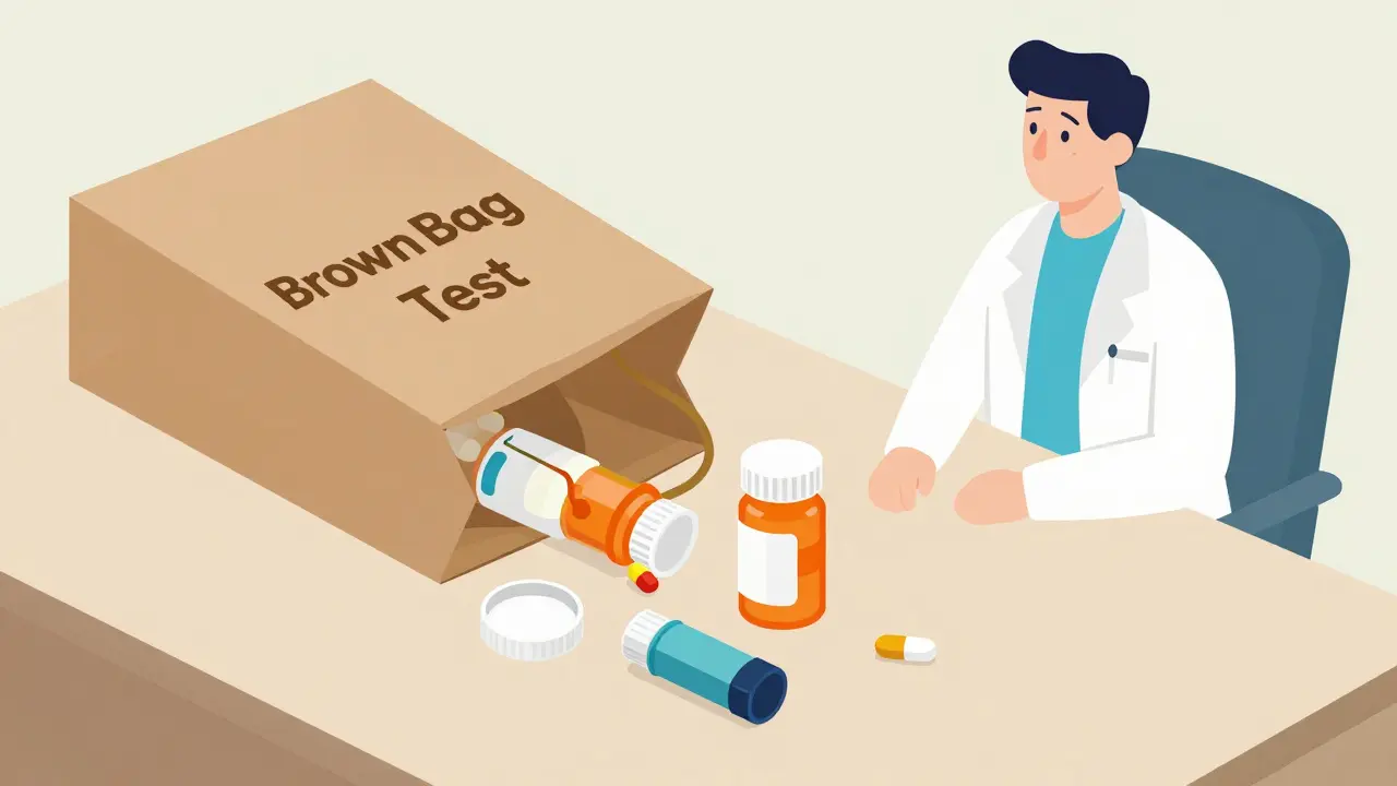 UPA style illustration of various medications spilling out of a brown paper bag on a table.